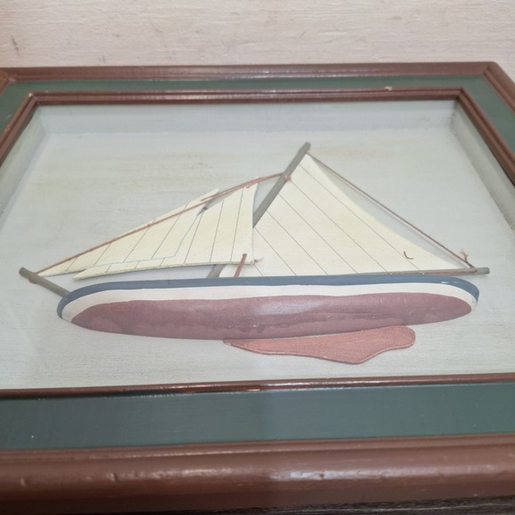 Nautical 3D Sailboat Shadow Box Wall Art Brown Wood Frame Blue White Ship 16x13 - Picture 4 of 8